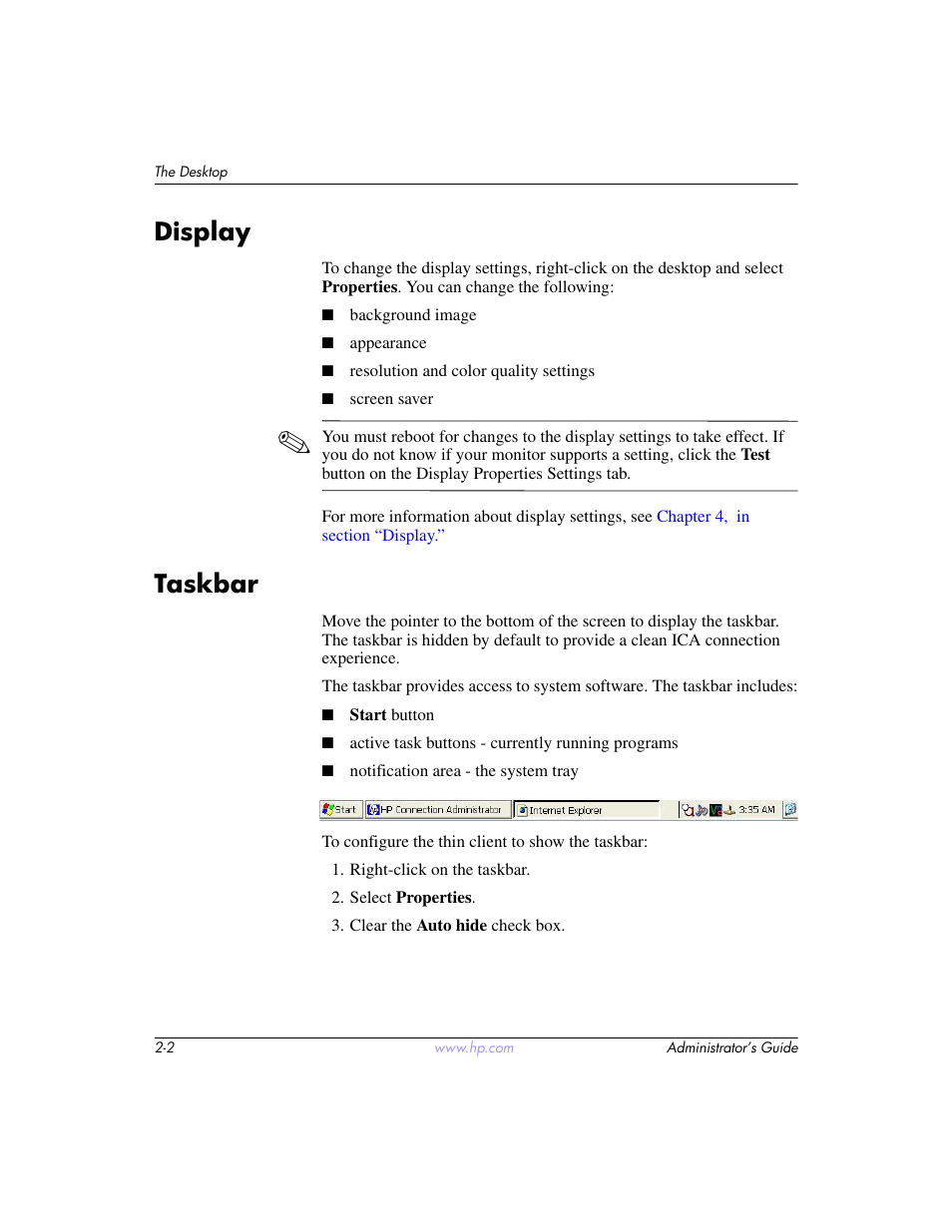 Display, Taskbar, Display –2 taskbar –2 | HP t5520 User Manual | Page 12 / 94