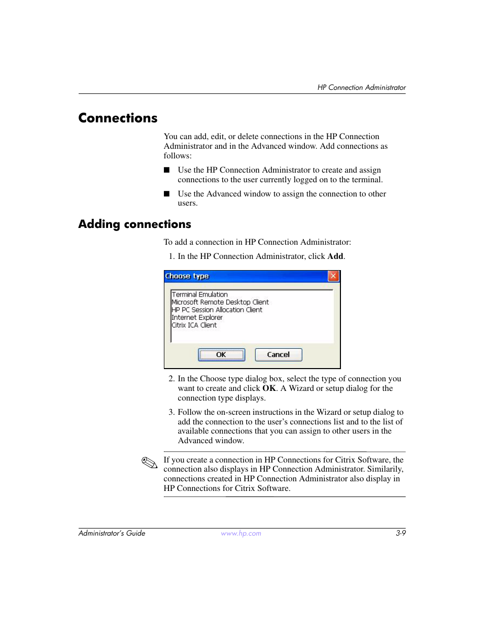 Connections, Adding connections, Connections –9 | Adding connections –9, Adding | HP t5520 User Manual | Page 23 / 94