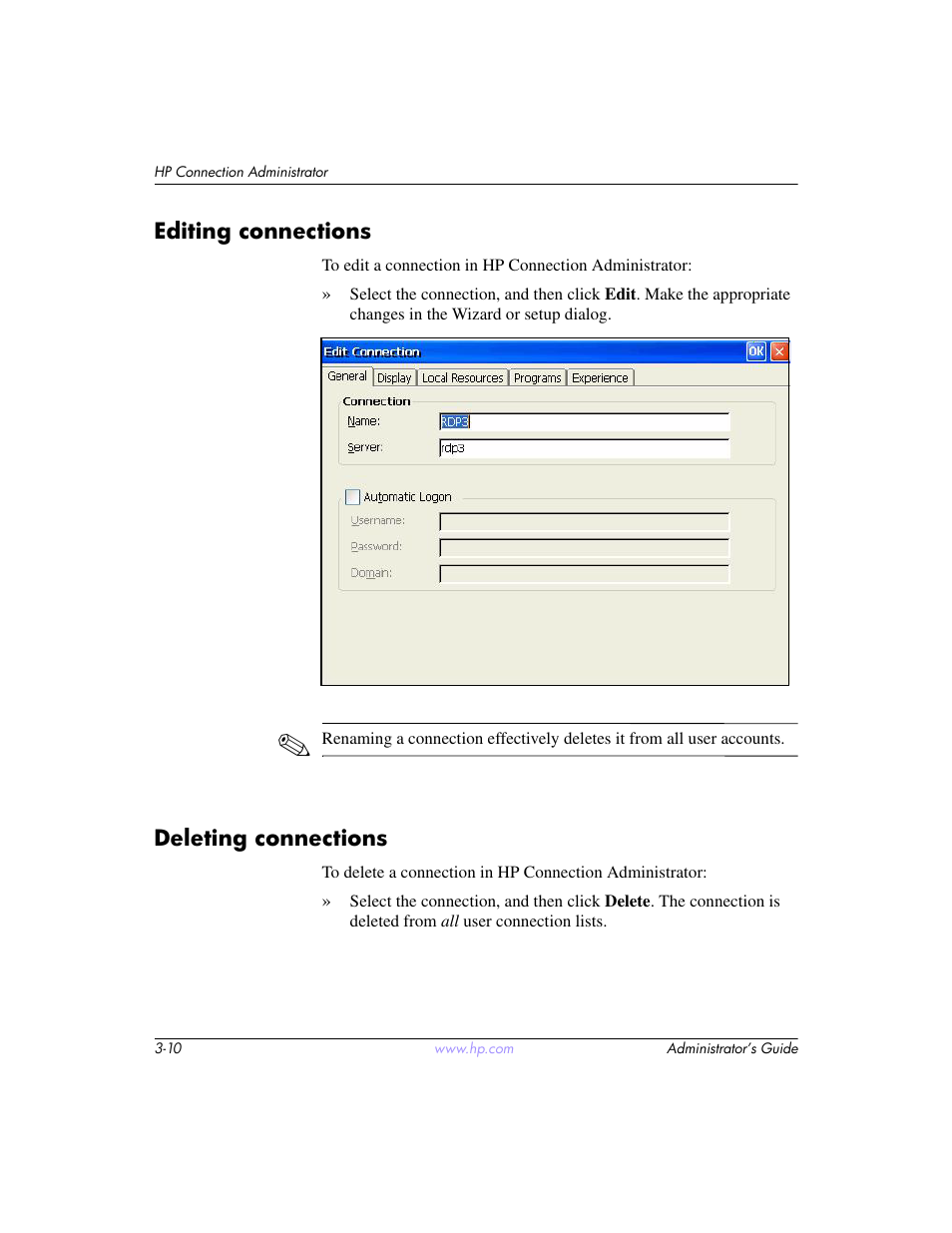 Editing connections, Deleting connections, Editing connections –10 deleting connections –10 | Information, see | HP t5520 User Manual | Page 24 / 94