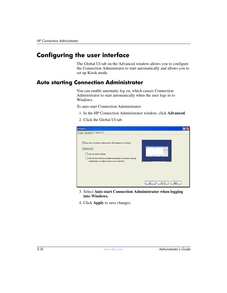 Configuring the user interface, Auto starting connection administrator, Configuring the user interface –16 | Auto starting connection administrator –16, Automatically start up, see, Auto starting connection, Administrator | HP t5520 User Manual | Page 30 / 94