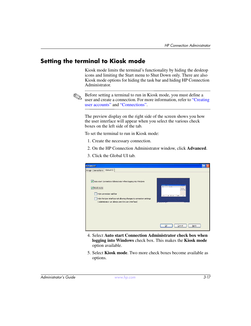 Setting the terminal to kiosk mode, Setting the terminal to kiosk mode –17 | HP t5520 User Manual | Page 31 / 94