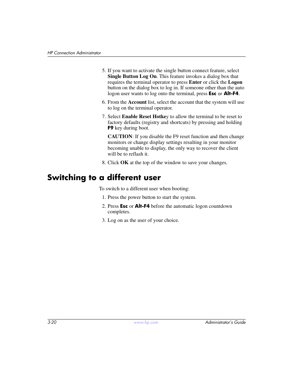 Switching to a different user, Switching to a different user –20 | HP t5520 User Manual | Page 34 / 94