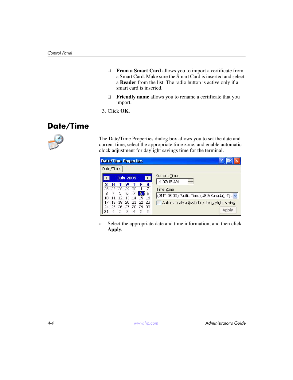 Date/time, Date/time –4 | HP t5520 User Manual | Page 38 / 94