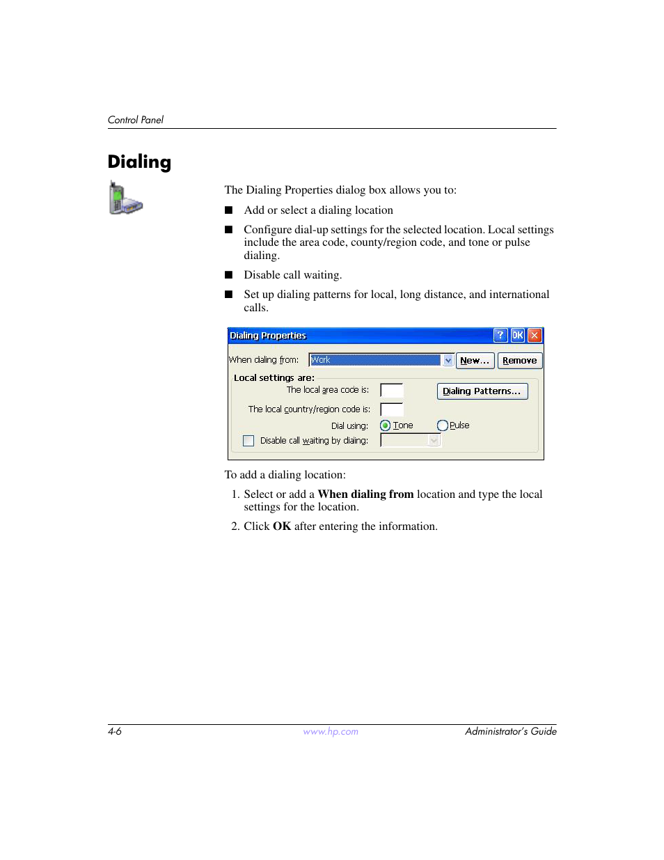 Dialing, Dialing –6 | HP t5520 User Manual | Page 40 / 94