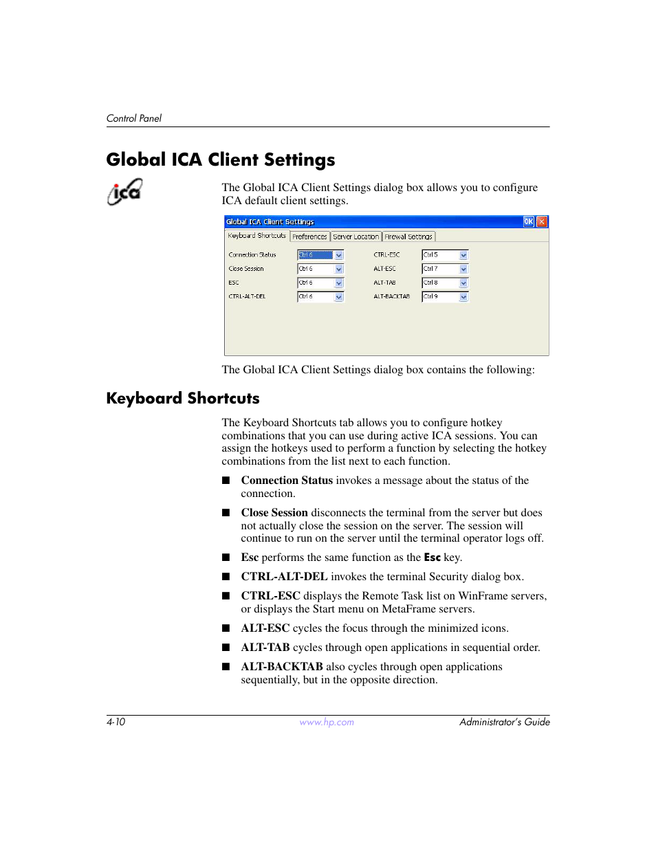 Global ica client settings, Keyboard shortcuts, Global ica client settings –10 | Keyboard shortcuts –10 | HP t5520 User Manual | Page 44 / 94
