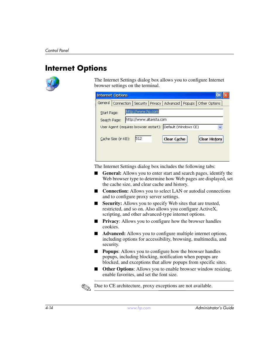 Internet options, Internet options –14 | HP t5520 User Manual | Page 48 / 94