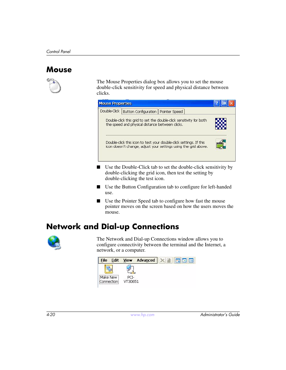 Mouse, Network and dial-up connections, Mouse –20 network and dial-up connections –20 | HP t5520 User Manual | Page 54 / 94