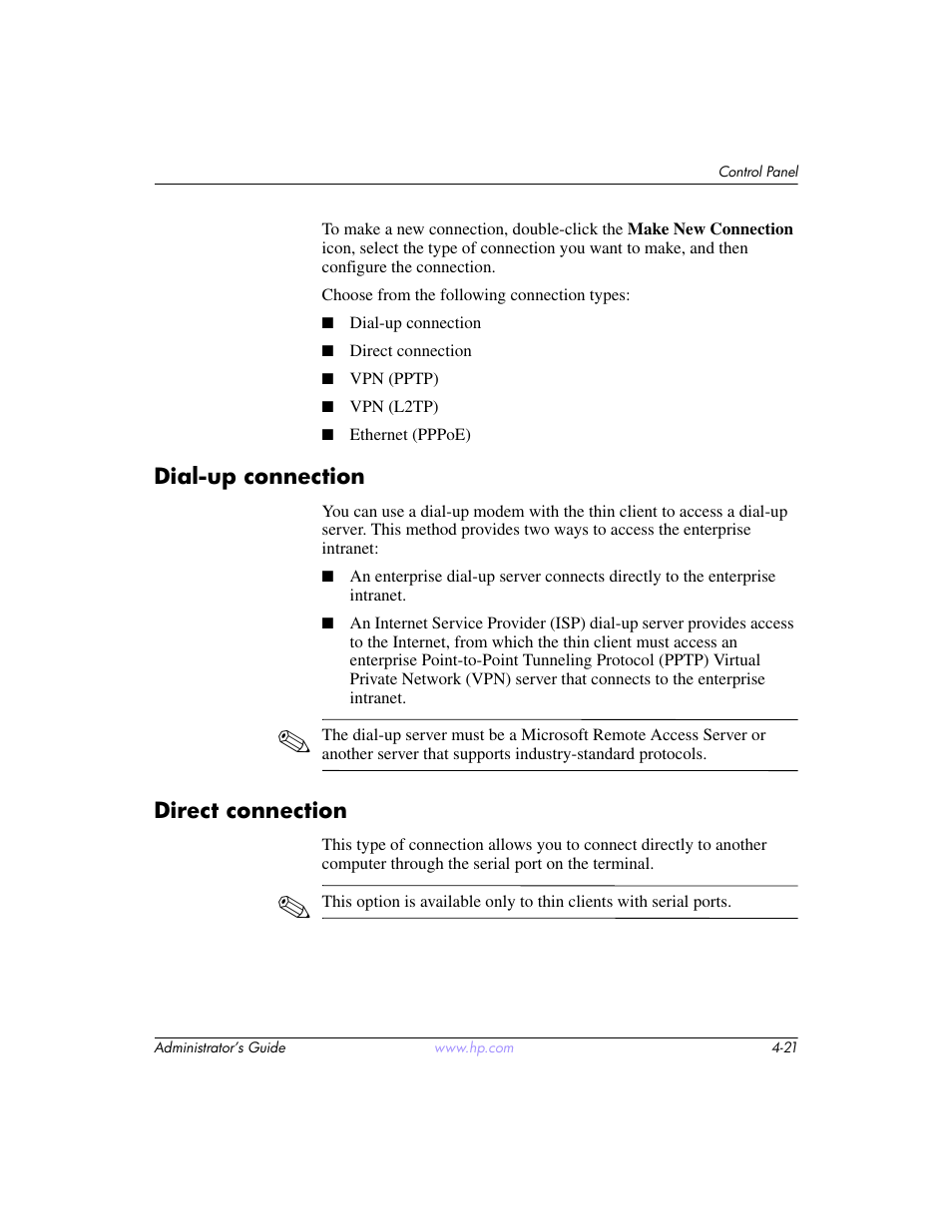 Dial-up connection, Direct connection, Dial-up connection –21 direct connection –21 | HP t5520 User Manual | Page 55 / 94
