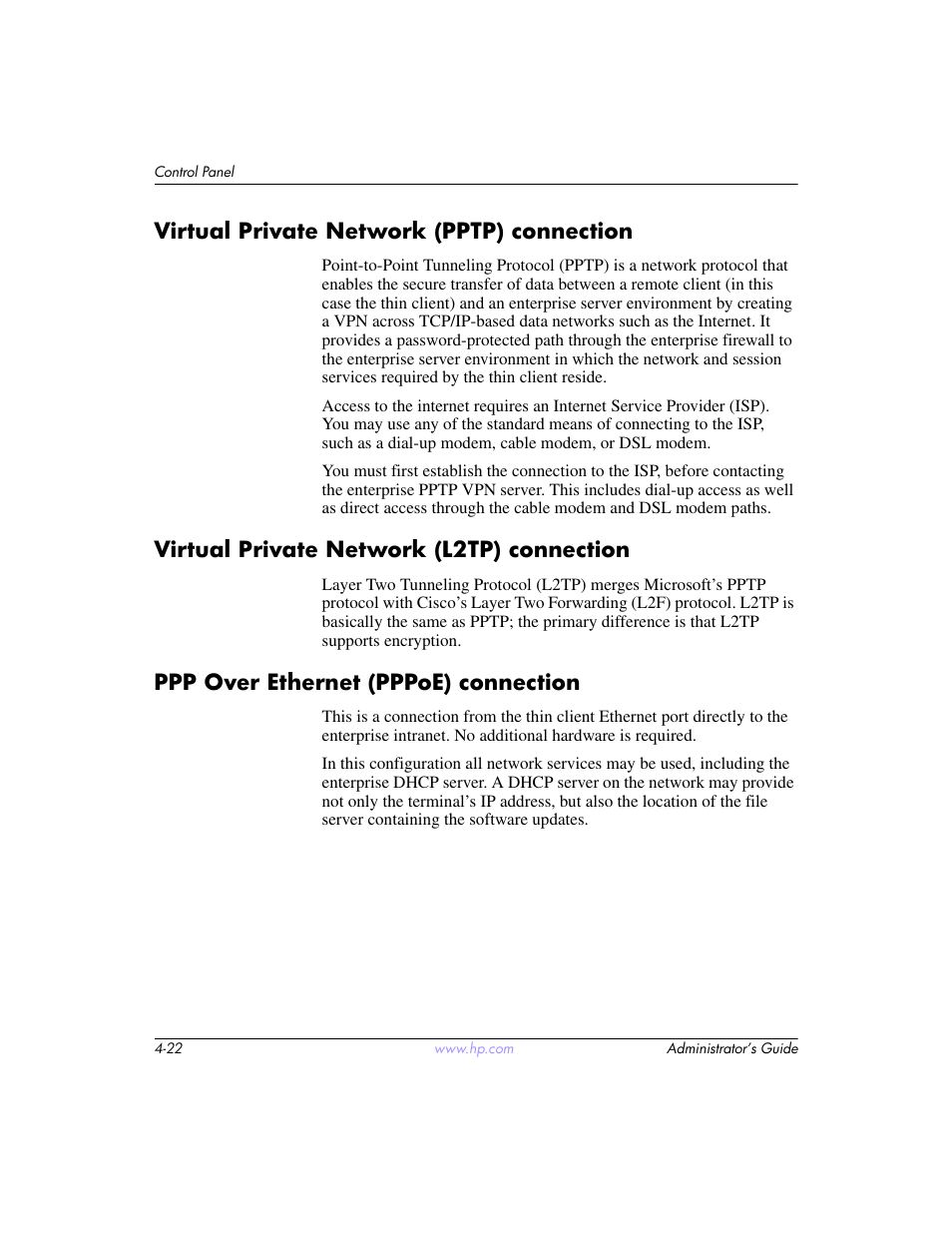 Virtual private network (pptp) connection, Virtual private network (l2tp) connection, Ppp over ethernet (pppoe) connection | HP t5520 User Manual | Page 56 / 94