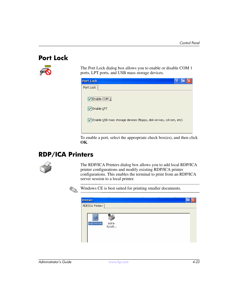 Port lock, Rdp/ica printers, Port lock –23 rdp/ica printers –23 | HP t5520 User Manual | Page 57 / 94