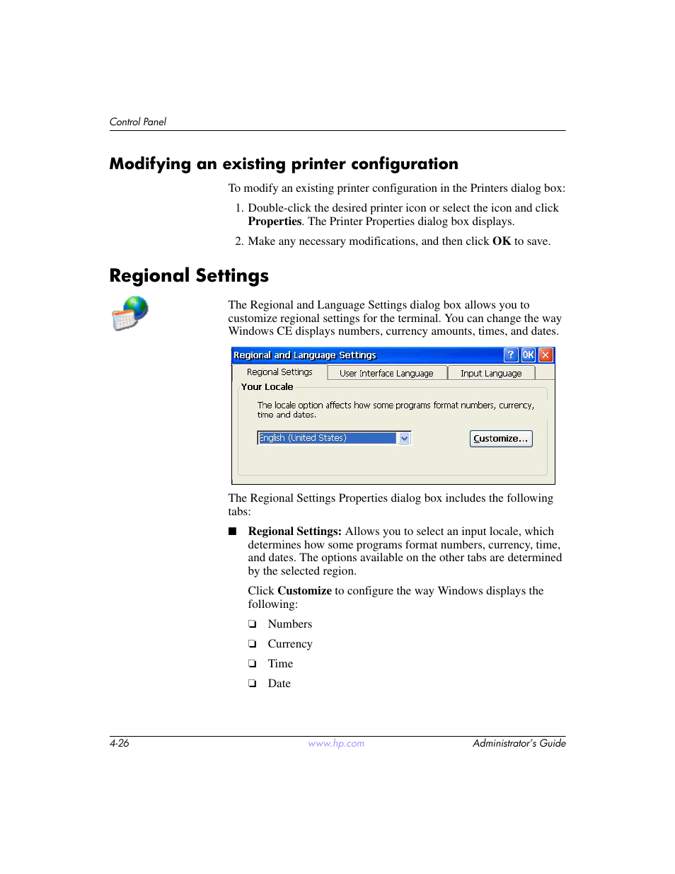 Modifying an existing printer configuration, Regional settings, Modifying an existing printer configuration –26 | Regional settings –26 | HP t5520 User Manual | Page 60 / 94