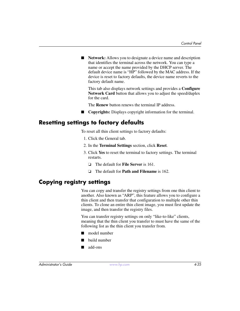 Resetting settings to factory defaults, Copying registry settings | HP t5520 User Manual | Page 69 / 94