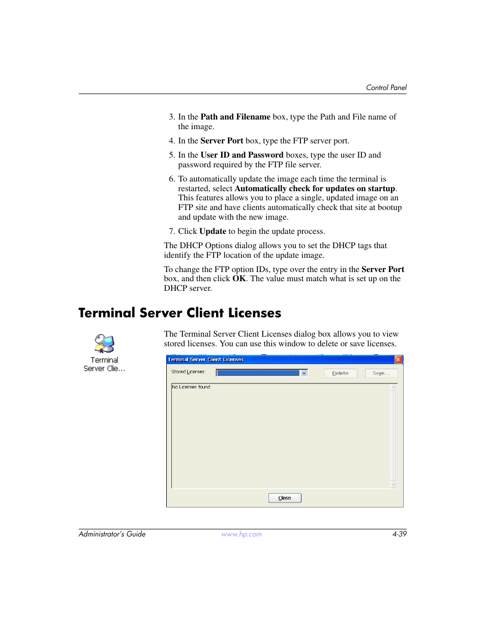 Terminal server client licenses, Terminal server client licenses –39 | HP t5520 User Manual | Page 73 / 94