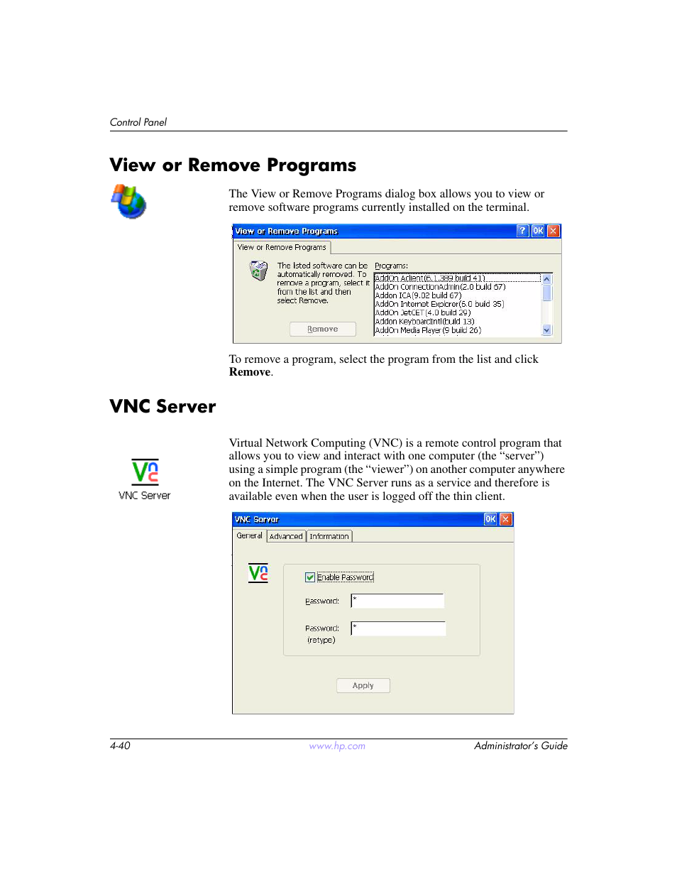 View or remove programs, Vnc server, View or remove programs –40 vnc server –40 | HP t5520 User Manual | Page 74 / 94