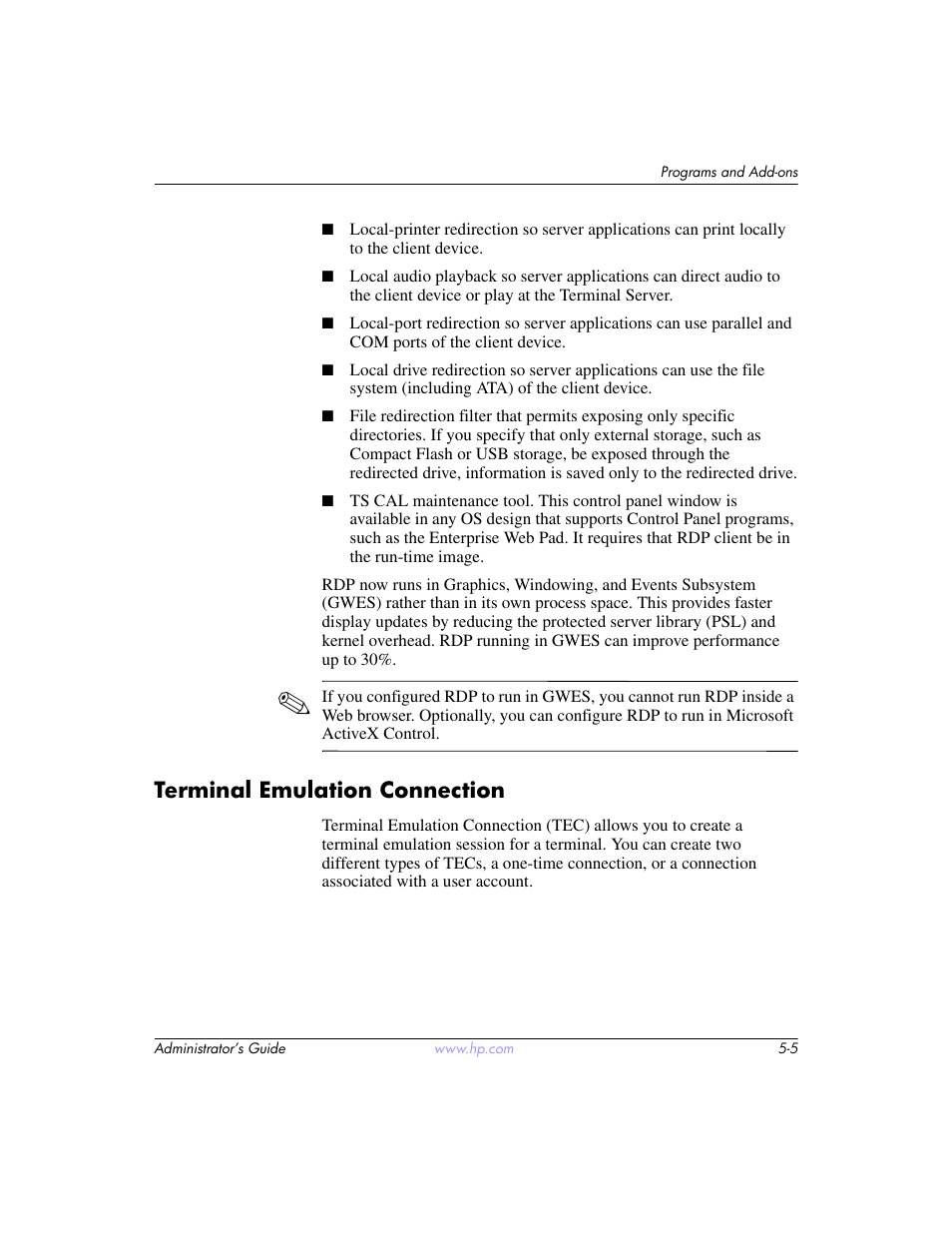 Terminal emulation connection, Terminal emulation connection –5 | HP t5520 User Manual | Page 81 / 94