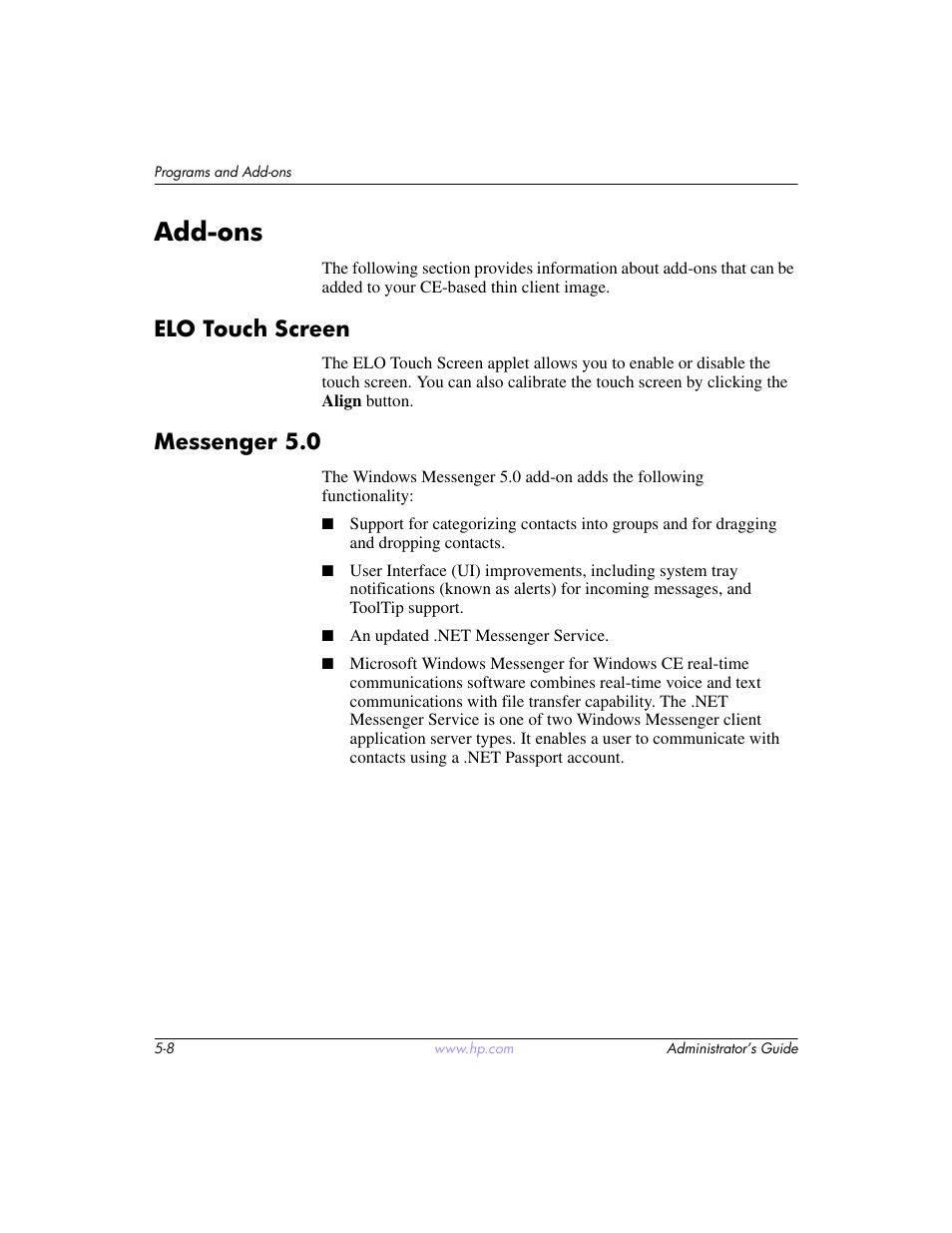 Add-ons, Elo touch screen, Messenger 5.0 | Add-ons –8, Elo touch screen –8 messenger 5.0 –8 | HP t5520 User Manual | Page 84 / 94