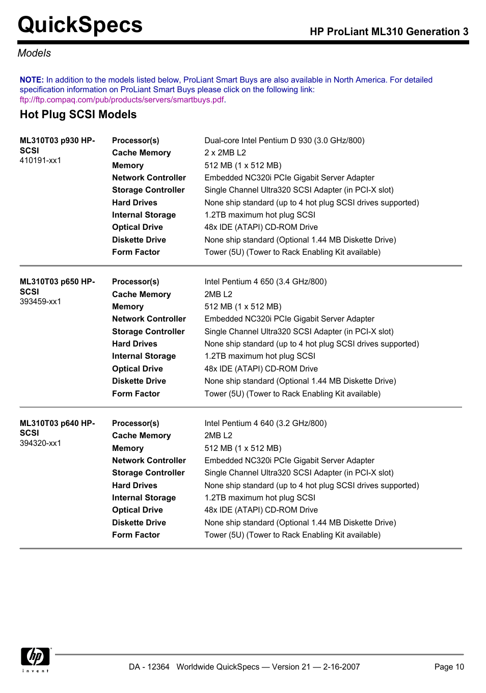 Models, Quickspecs, Hot plug scsi models | Hp proliant ml310 generation 3 models | HP ProLiant ML310 User Manual | Page 10 / 29