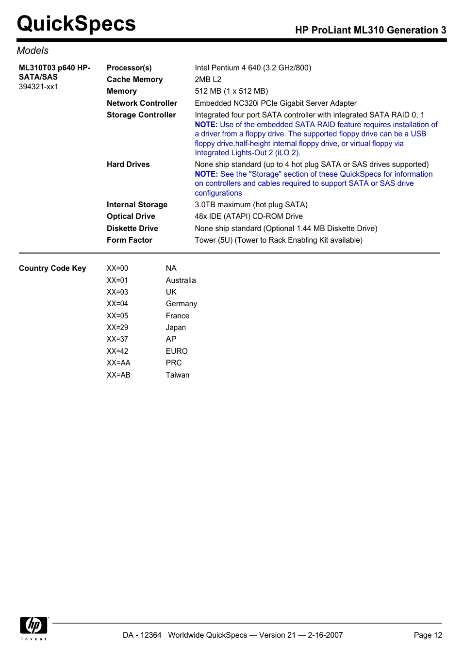 Quickspecs, Hp proliant ml310 generation 3 models | HP ProLiant ML310 User Manual | Page 12 / 29