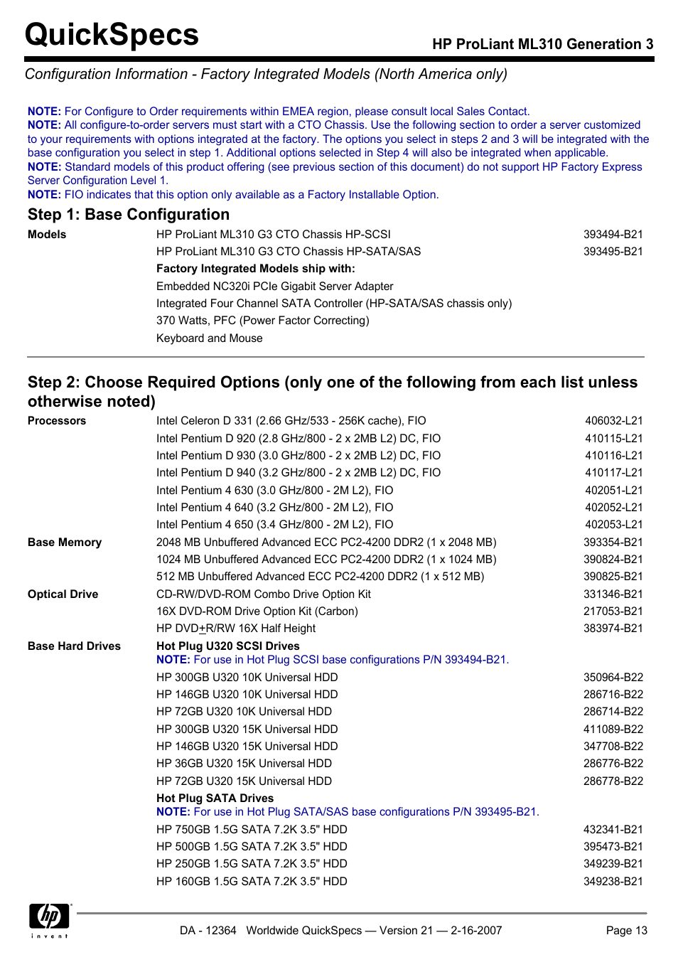 Quickspecs, Step 1: base configuration | HP ProLiant ML310 User Manual | Page 13 / 29