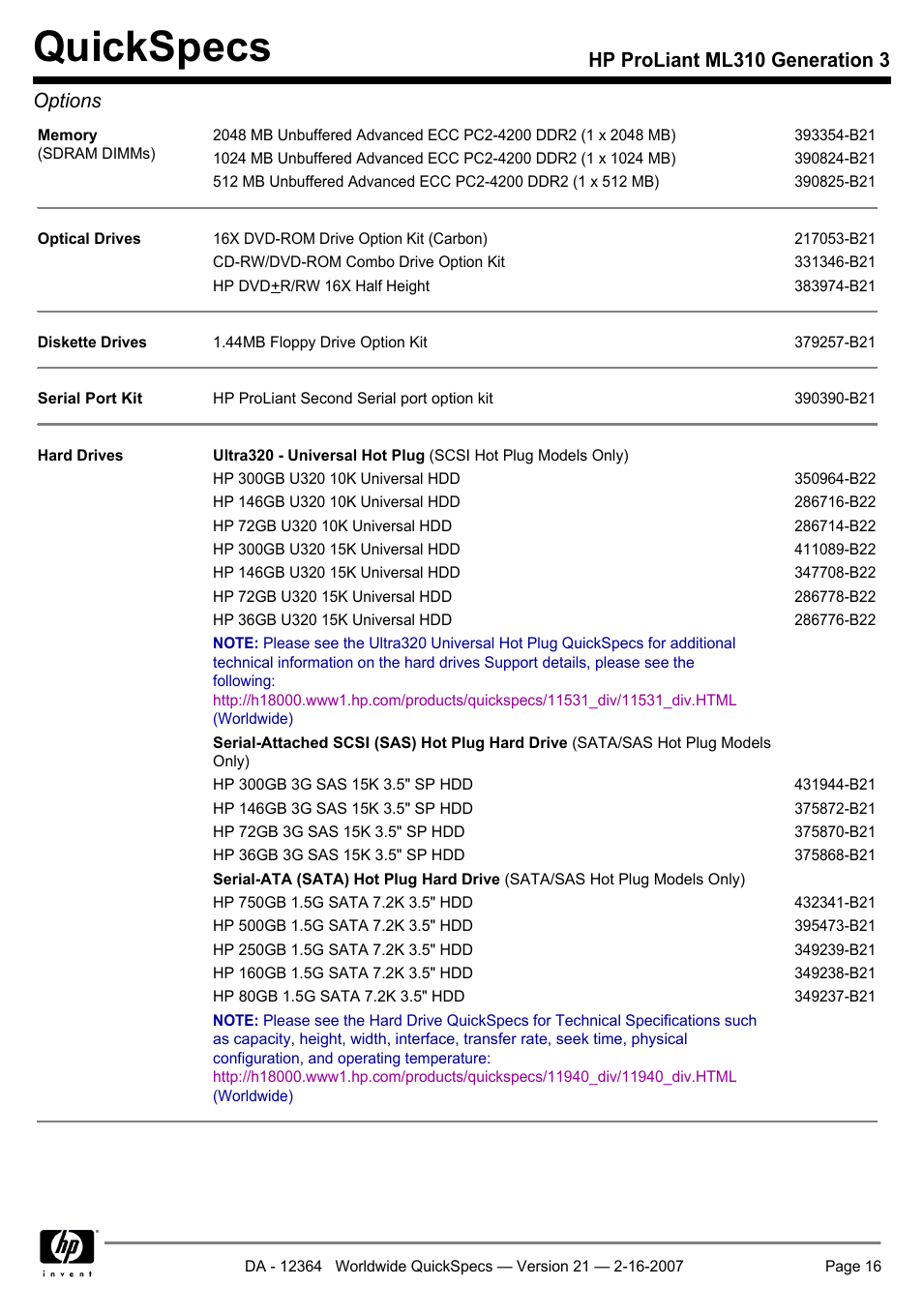 Quickspecs, Hp proliant ml310 generation 3 options | HP ProLiant ML310 User Manual | Page 16 / 29