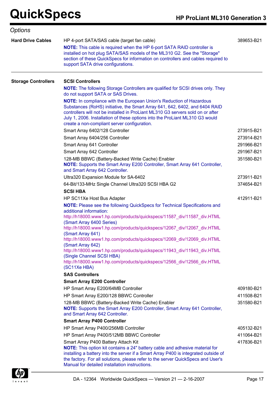 Quickspecs, Hp proliant ml310 generation 3 options | HP ProLiant ML310 User Manual | Page 17 / 29