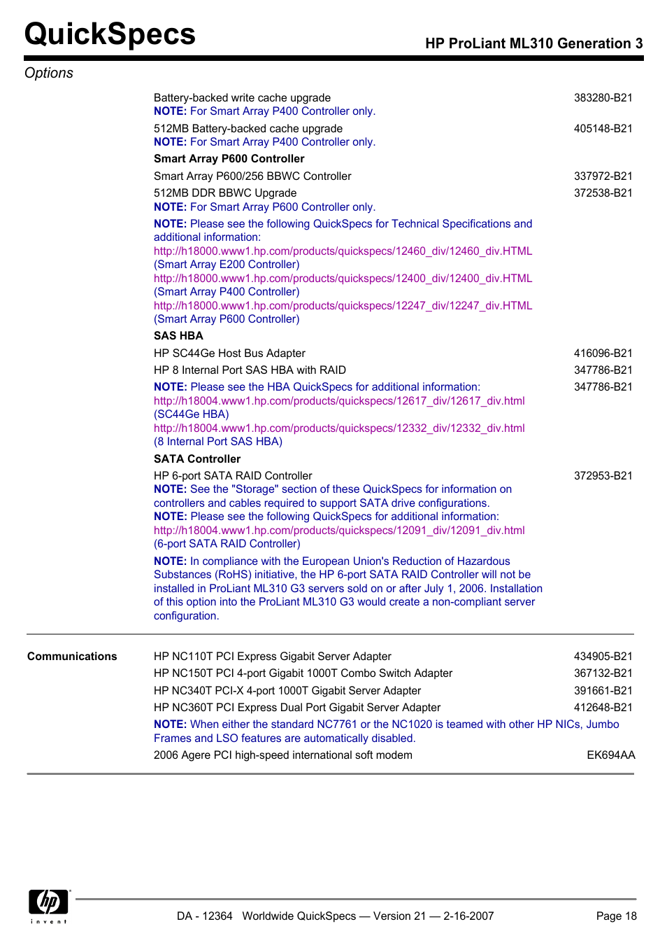 Quickspecs, Hp proliant ml310 generation 3 options | HP ProLiant ML310 User Manual | Page 18 / 29