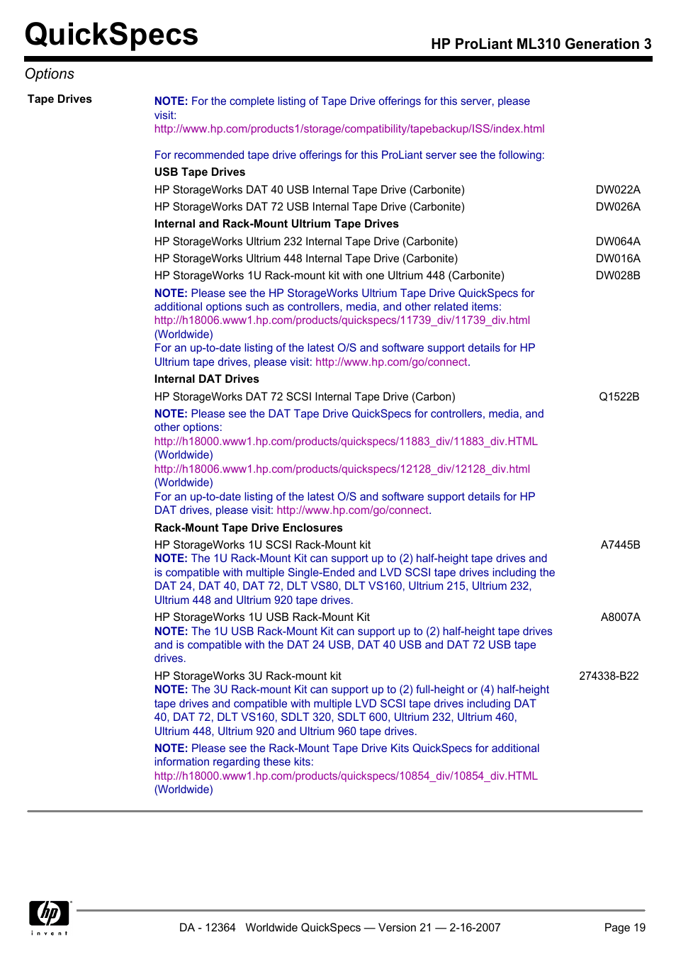 Quickspecs, Hp proliant ml310 generation 3 options | HP ProLiant ML310 User Manual | Page 19 / 29