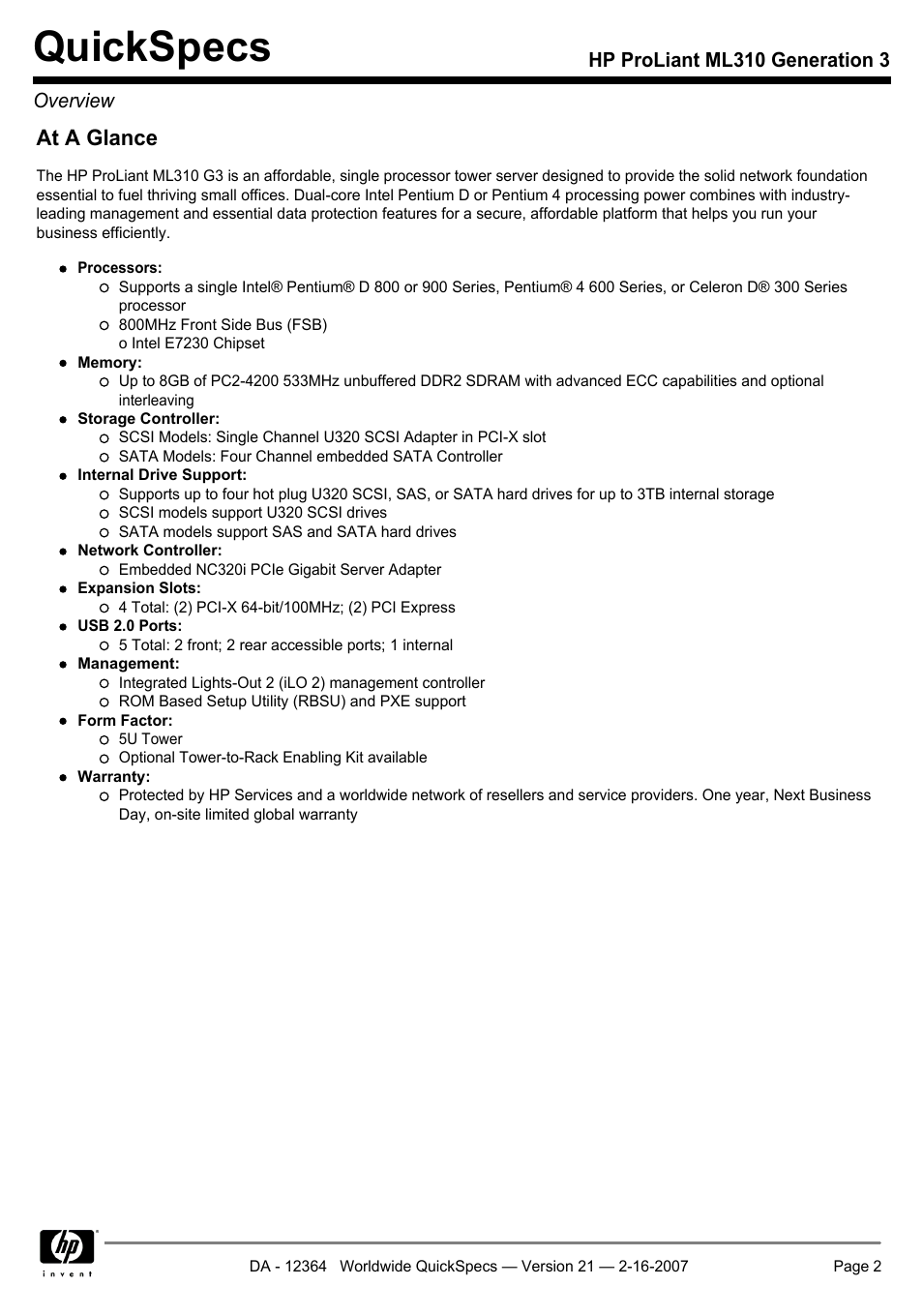 Quickspecs, At a glance | HP ProLiant ML310 User Manual | Page 2 / 29