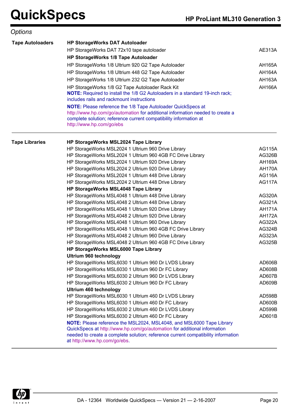 Quickspecs, Hp proliant ml310 generation 3 options | HP ProLiant ML310 User Manual | Page 20 / 29