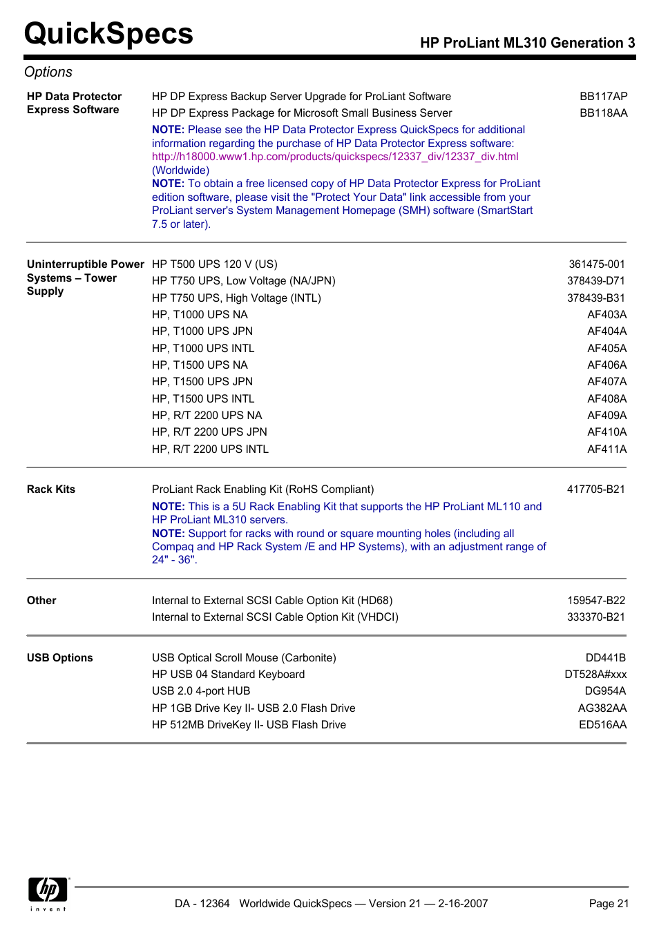 Quickspecs, Hp proliant ml310 generation 3 options | HP ProLiant ML310 User Manual | Page 21 / 29