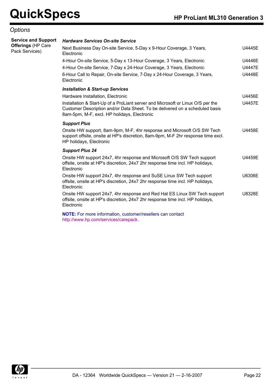 Quickspecs, Hp proliant ml310 generation 3 options | HP ProLiant ML310 User Manual | Page 22 / 29