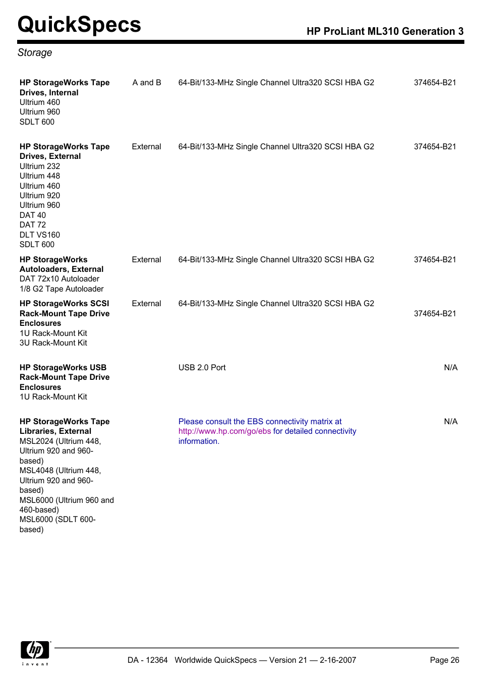 Quickspecs, Hp proliant ml310 generation 3 storage | HP ProLiant ML310 User Manual | Page 26 / 29