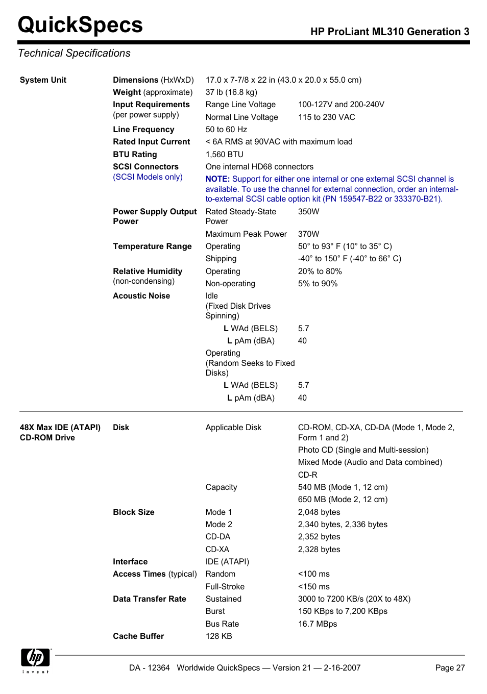 Technical specifications, Quickspecs | HP ProLiant ML310 User Manual | Page 27 / 29