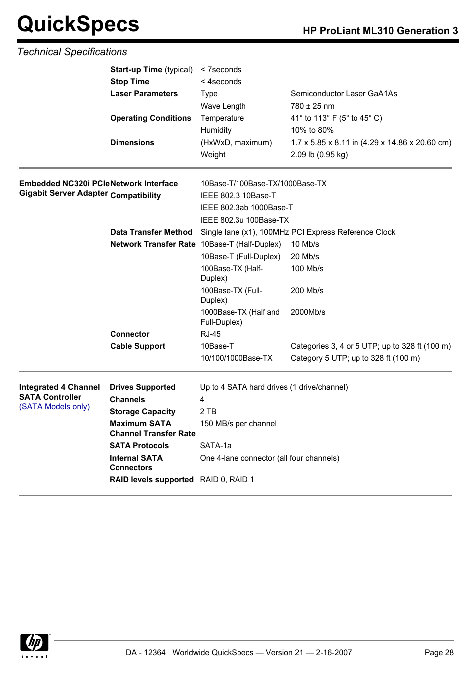 Quickspecs | HP ProLiant ML310 User Manual | Page 28 / 29