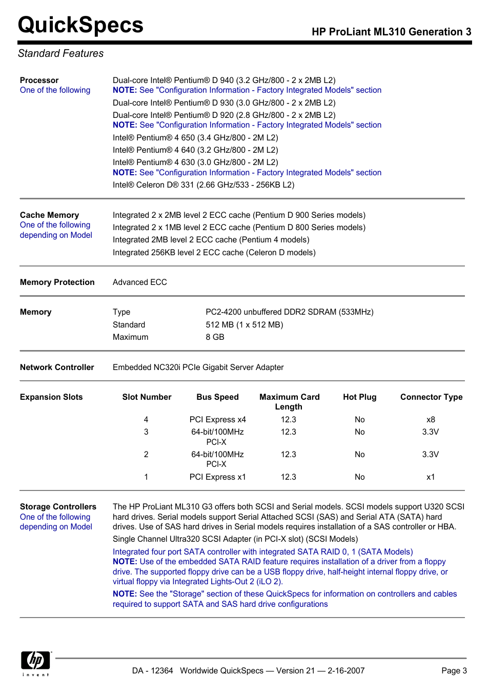 Standard features, Quickspecs, Hp proliant ml310 generation 3 standard features | HP ProLiant ML310 User Manual | Page 3 / 29