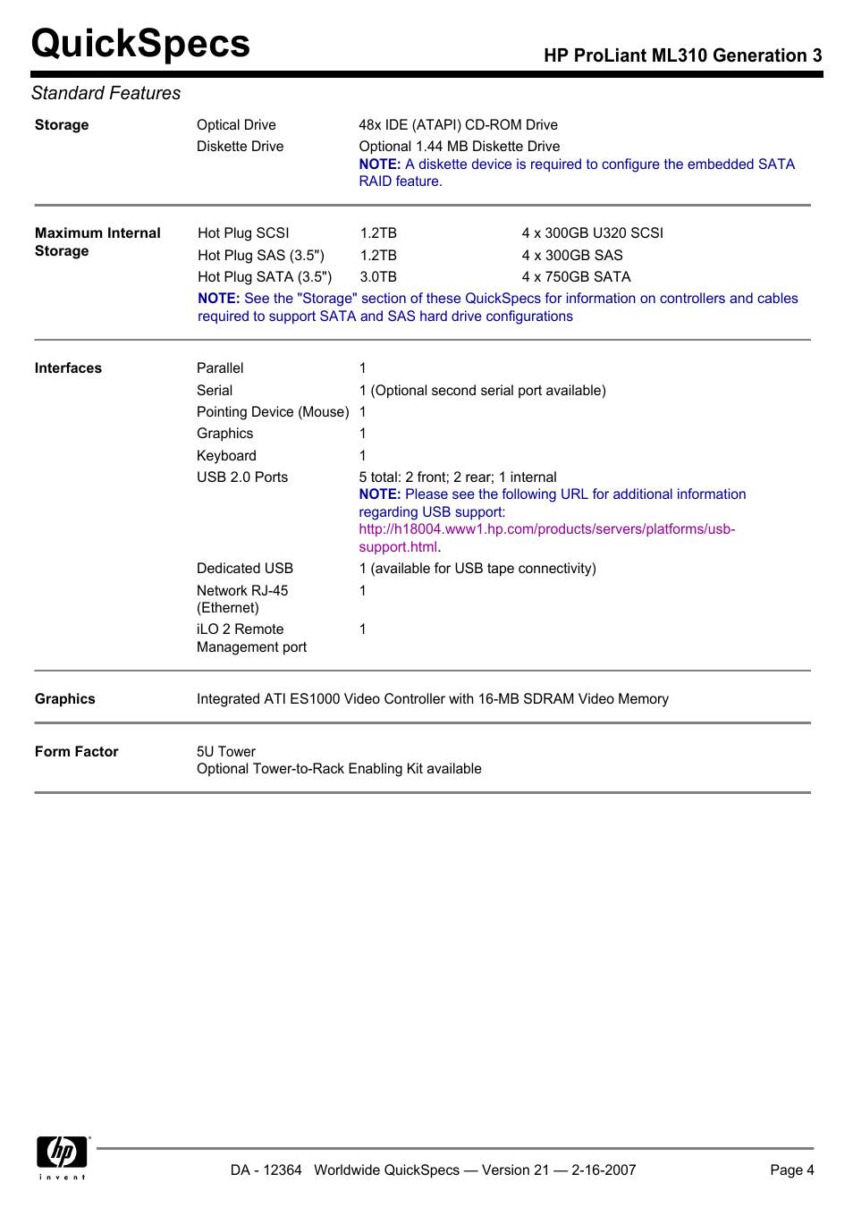 Quickspecs, Hp proliant ml310 generation 3 standard features | HP ProLiant ML310 User Manual | Page 4 / 29