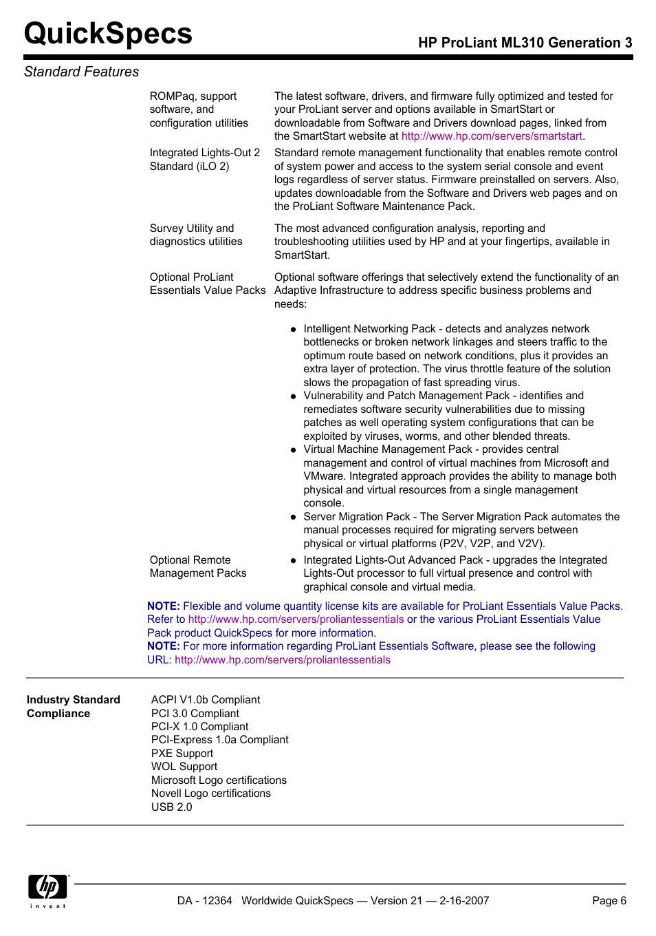 Quickspecs, Hp proliant ml310 generation 3 standard features | HP ProLiant ML310 User Manual | Page 6 / 29