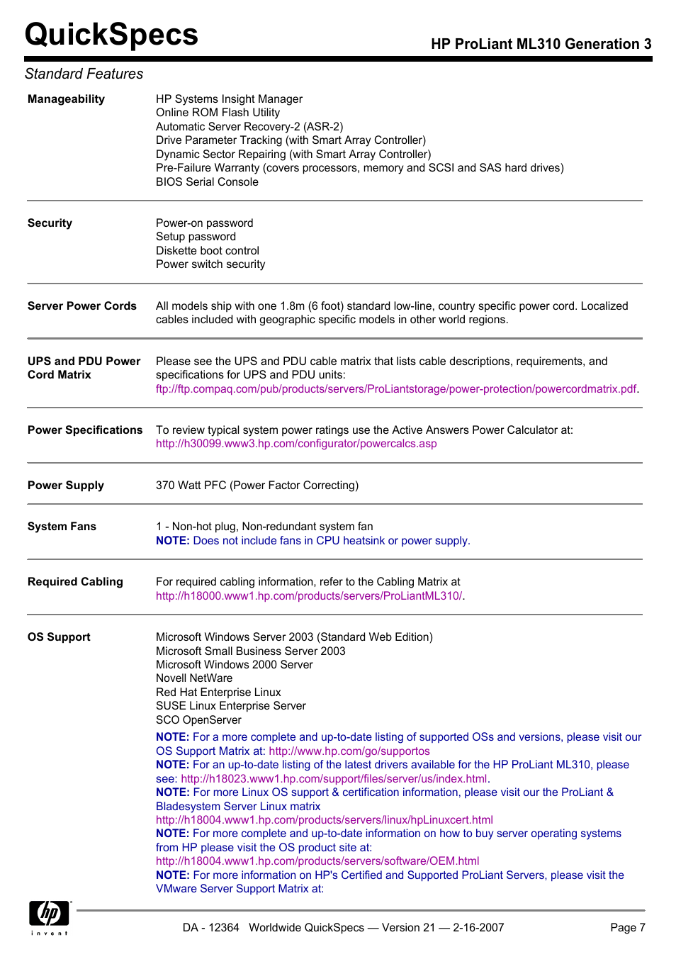 Quickspecs, Hp proliant ml310 generation 3 standard features | HP ProLiant ML310 User Manual | Page 7 / 29