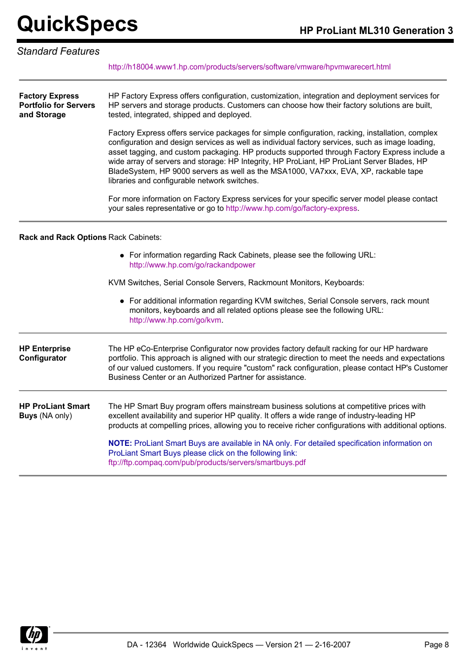 Quickspecs, Hp proliant ml310 generation 3 standard features | HP ProLiant ML310 User Manual | Page 8 / 29
