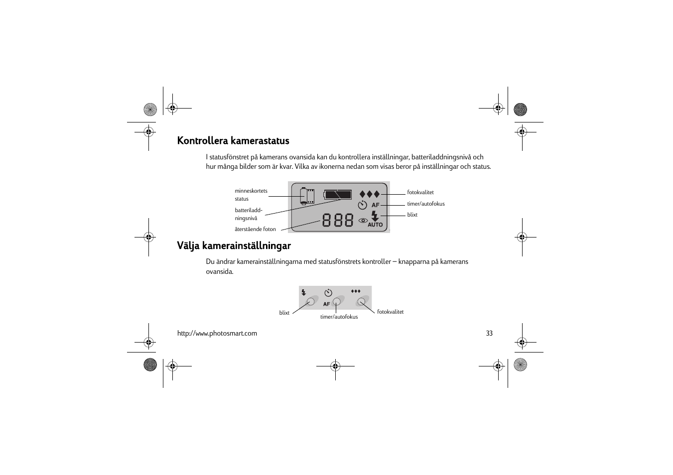 Kontrollera kamerastatus, Välja kamerainställningar | HP C200 User Manual | Page 37 / 66