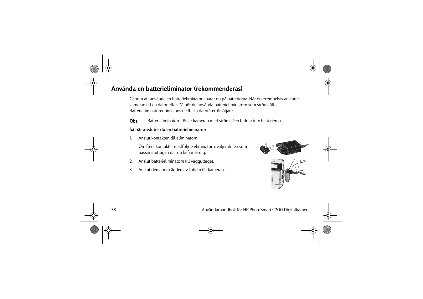 Använda en batterieliminator (rekommenderas) | HP C200 User Manual | Page 42 / 66