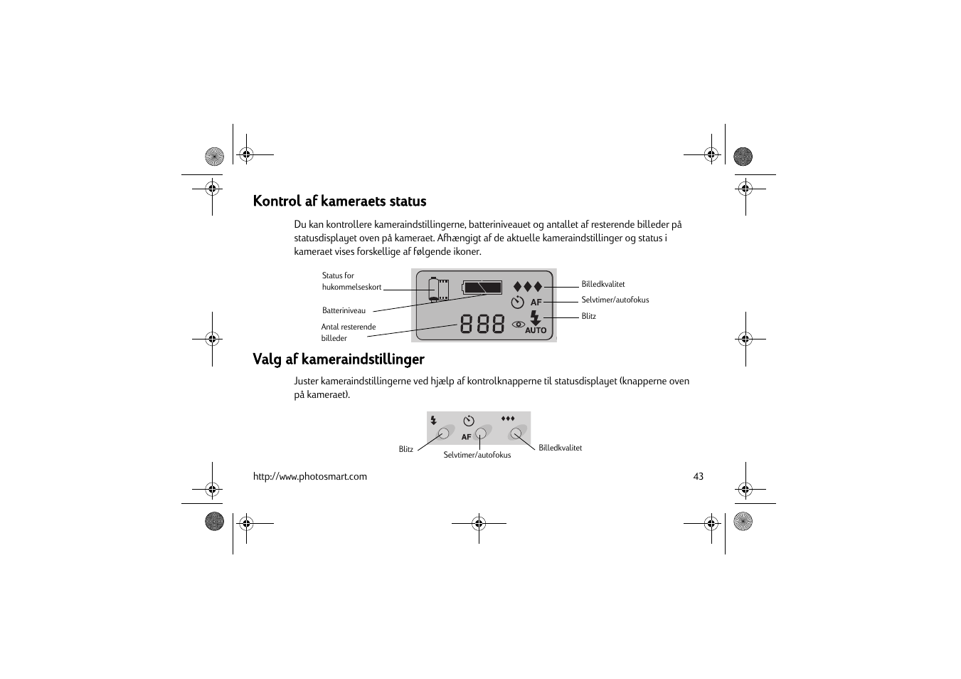 Kontrol af kameraets status, Valg af kameraindstillinger | HP C200 User Manual | Page 47 / 66