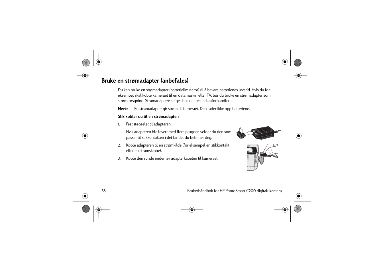 Bruke en strømadapter (anbefales) | HP C200 User Manual | Page 62 / 66