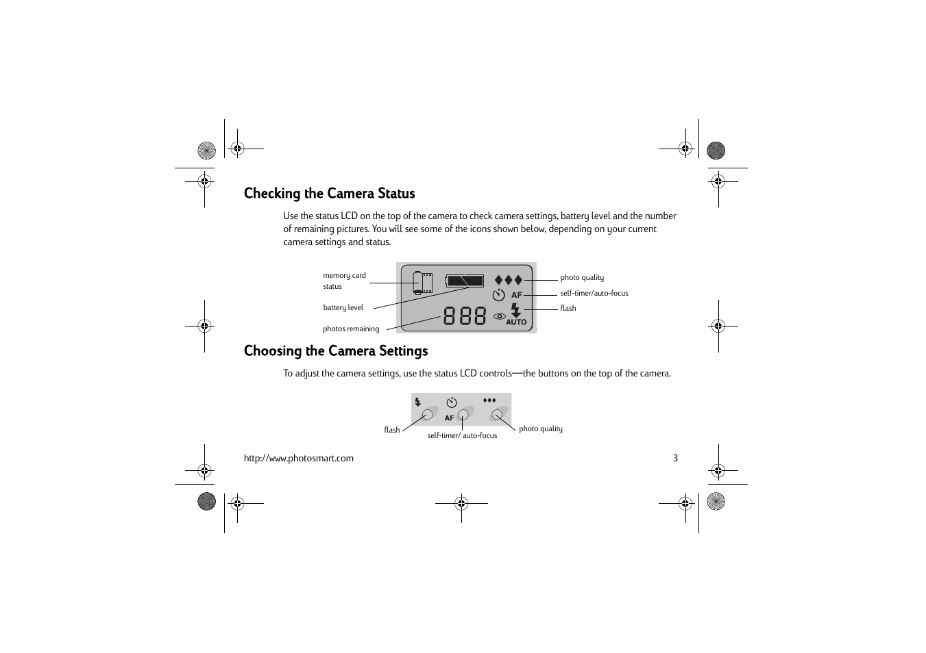 Checking the camera status, Choosing the camera settings | HP C200 User Manual | Page 7 / 66