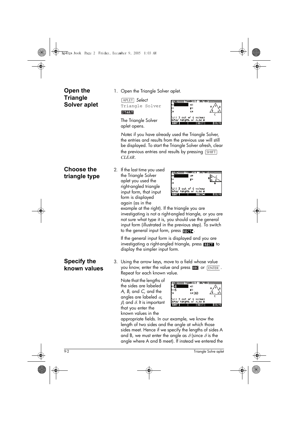 Open the triangle solver aplet, Choose the triangle type, Specify the known values | HP 40gs User Manual | Page 102 / 444