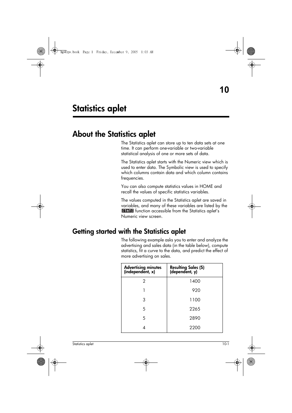 10 statistics aplet, About the statistics aplet, Getting started with the statistics aplet | HP 40gs User Manual | Page 105 / 444