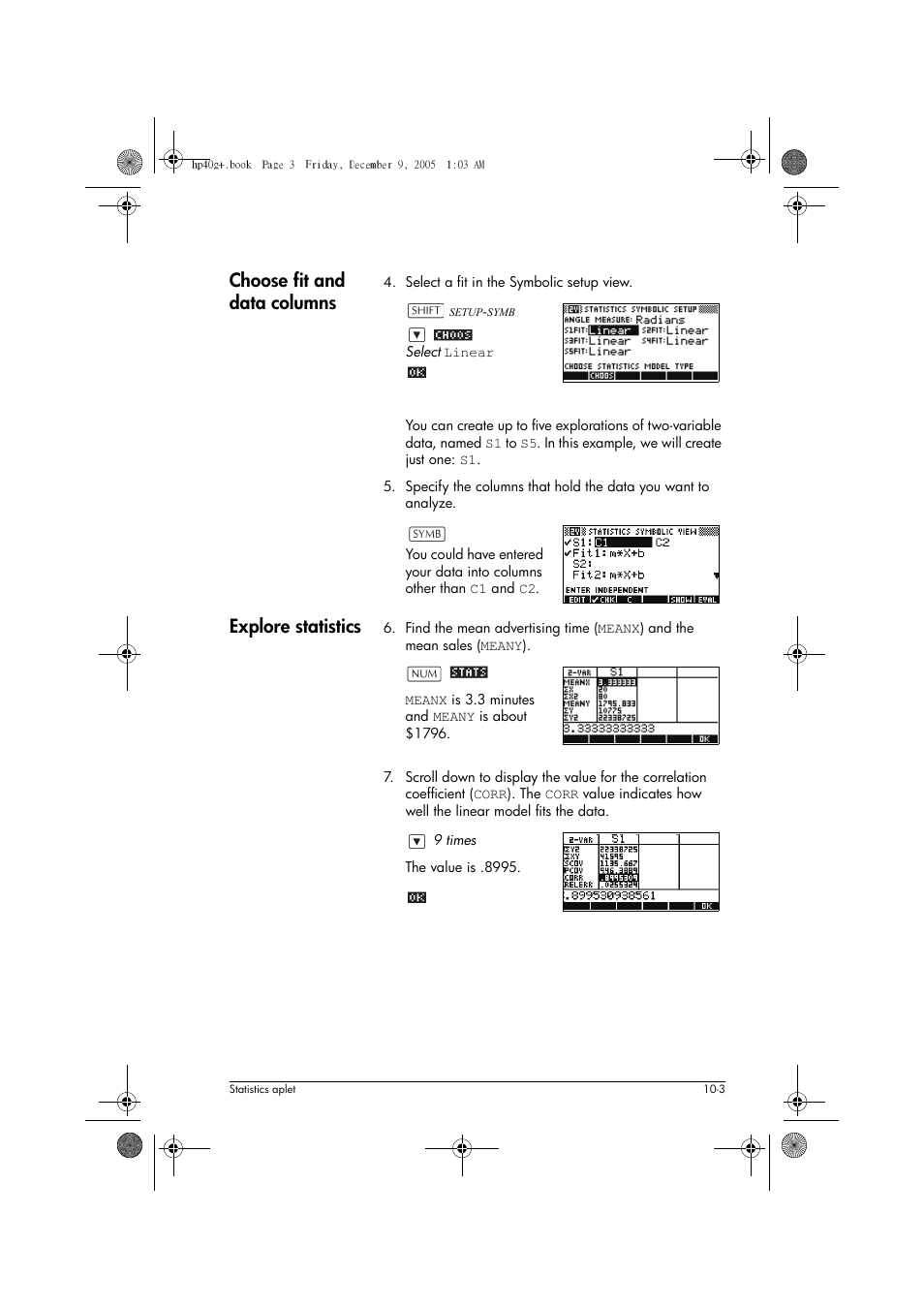 Choose fit and data columns, Explore statistics | HP 40gs User Manual | Page 107 / 444