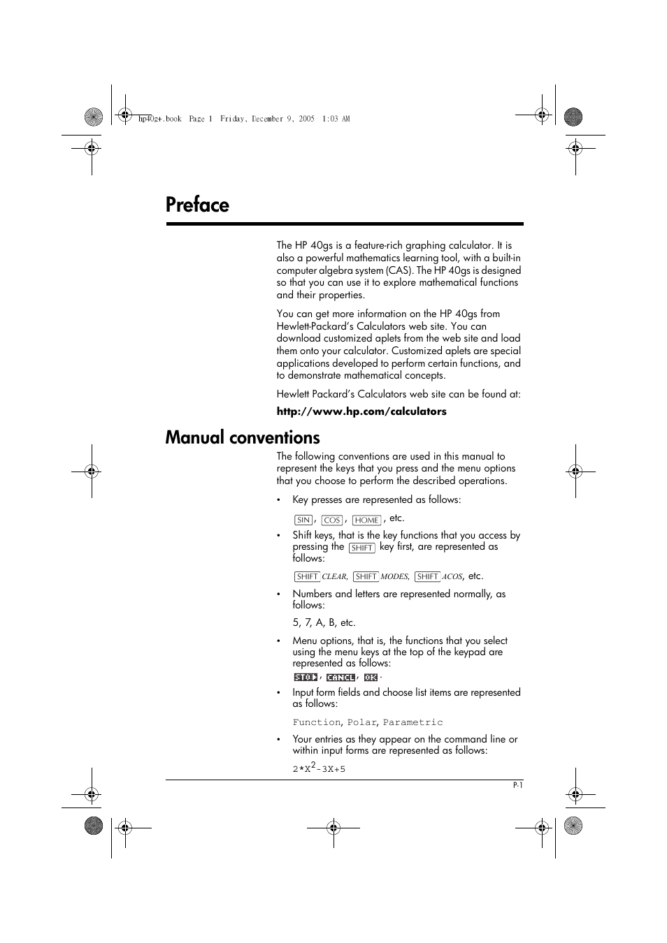 Preface, Manual conventions | HP 40gs User Manual | Page 11 / 444