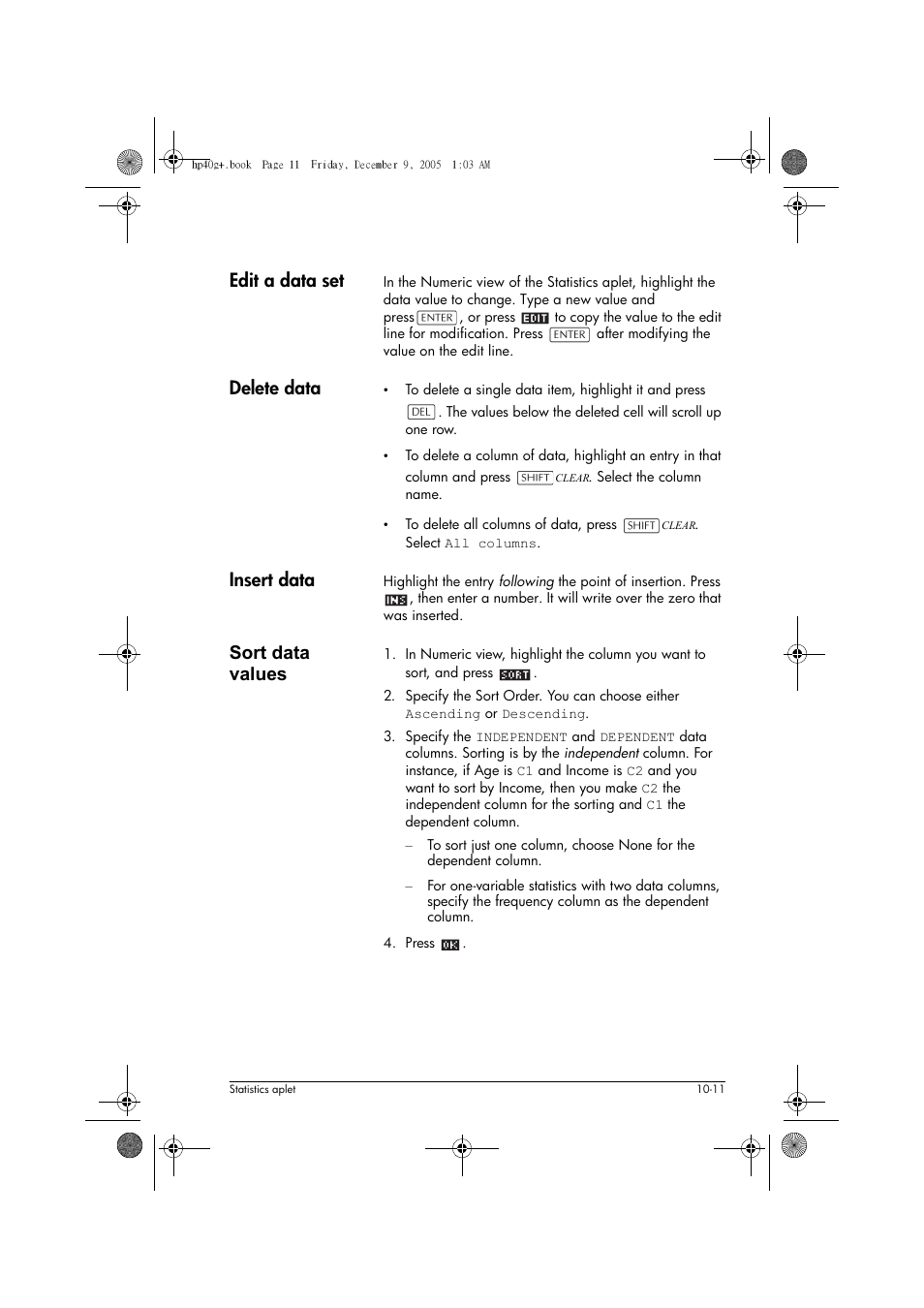 Edit a data set, Delete data, Insert data | Sort data values | HP 40gs User Manual | Page 115 / 444