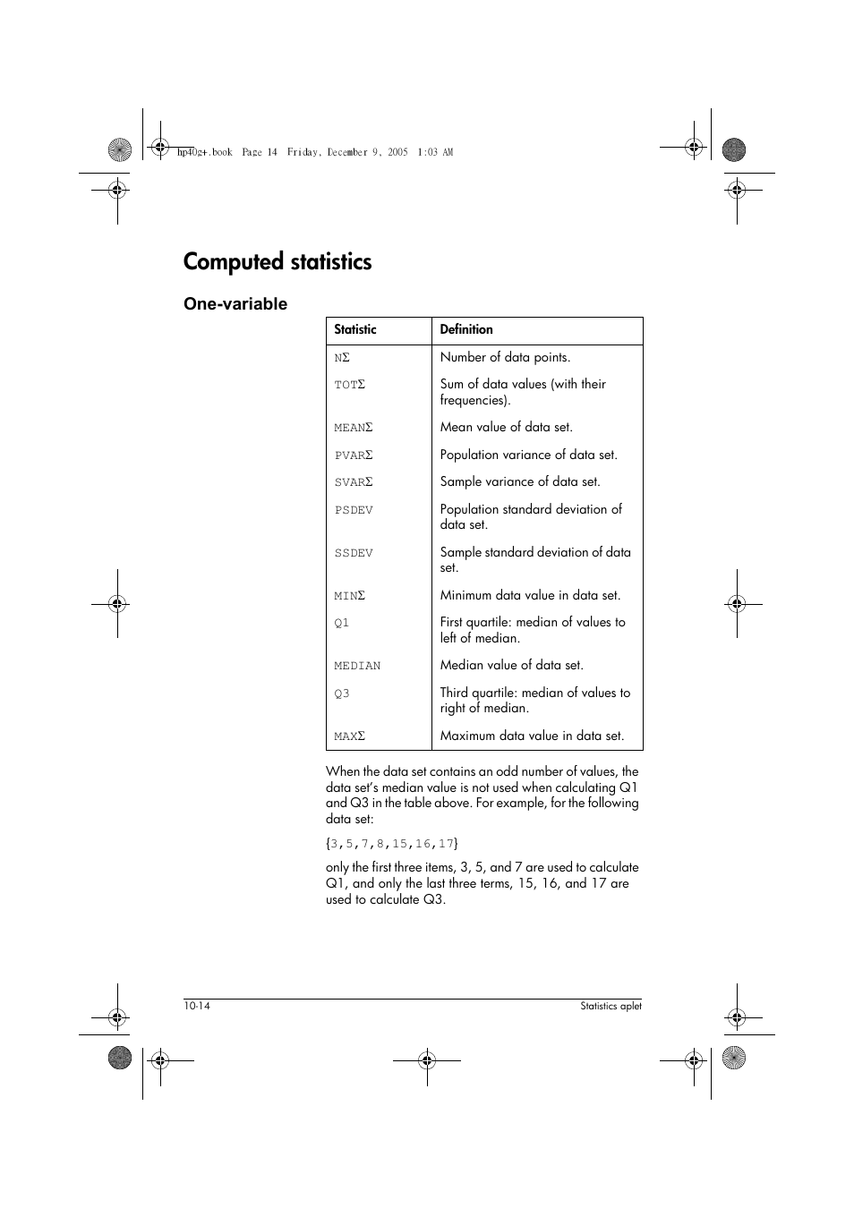 Computed statistics, One-variable | HP 40gs User Manual | Page 118 / 444